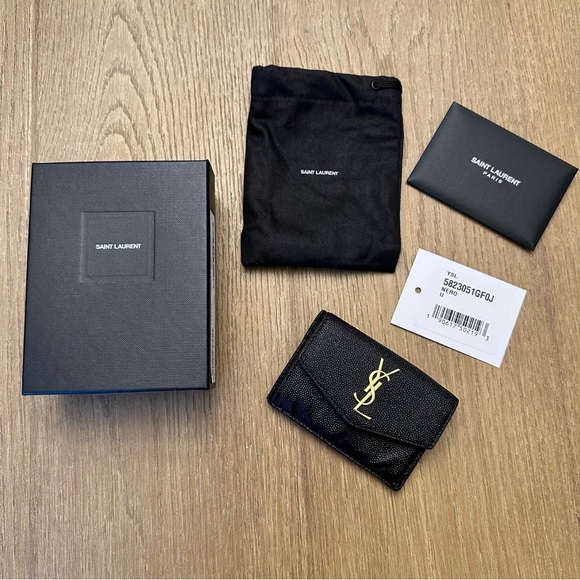 YSL Uptown Flap Card Case Wallet in Grain de Poudre Leather in Nero Black - Picture 7 of 8